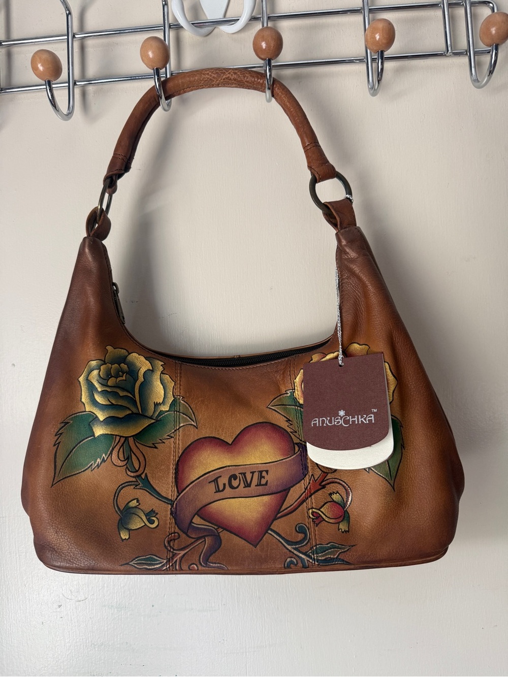 Anuschka Hand-Painted Leather Hobo Shoulder Bag 371-TRC LOVE Roses w/dustbag NWT
